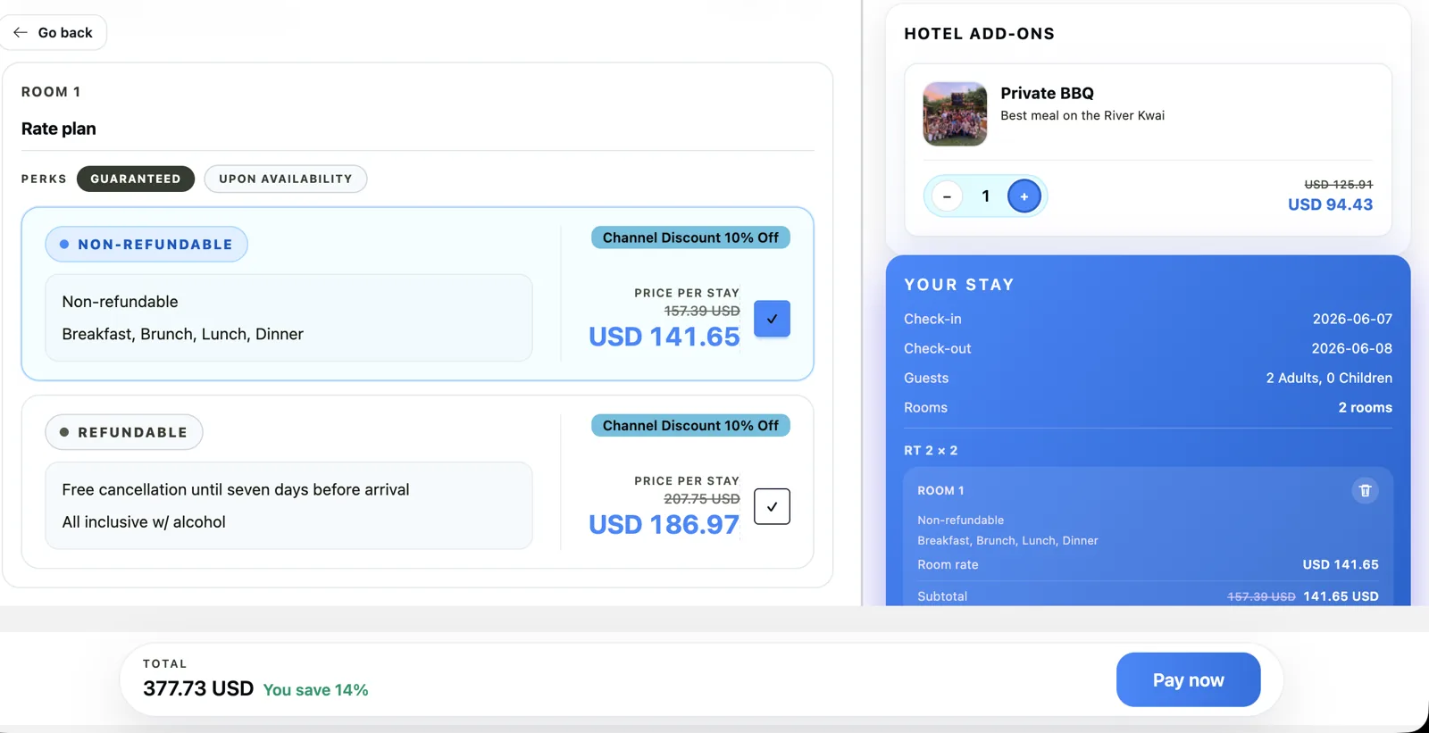 Booking Engine rate plan and add-ons — selling the whole stay