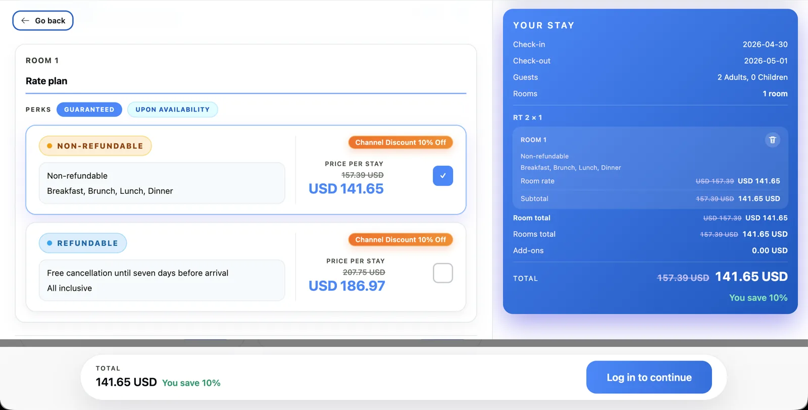 Wink Booking Engine — rate plans and checkout