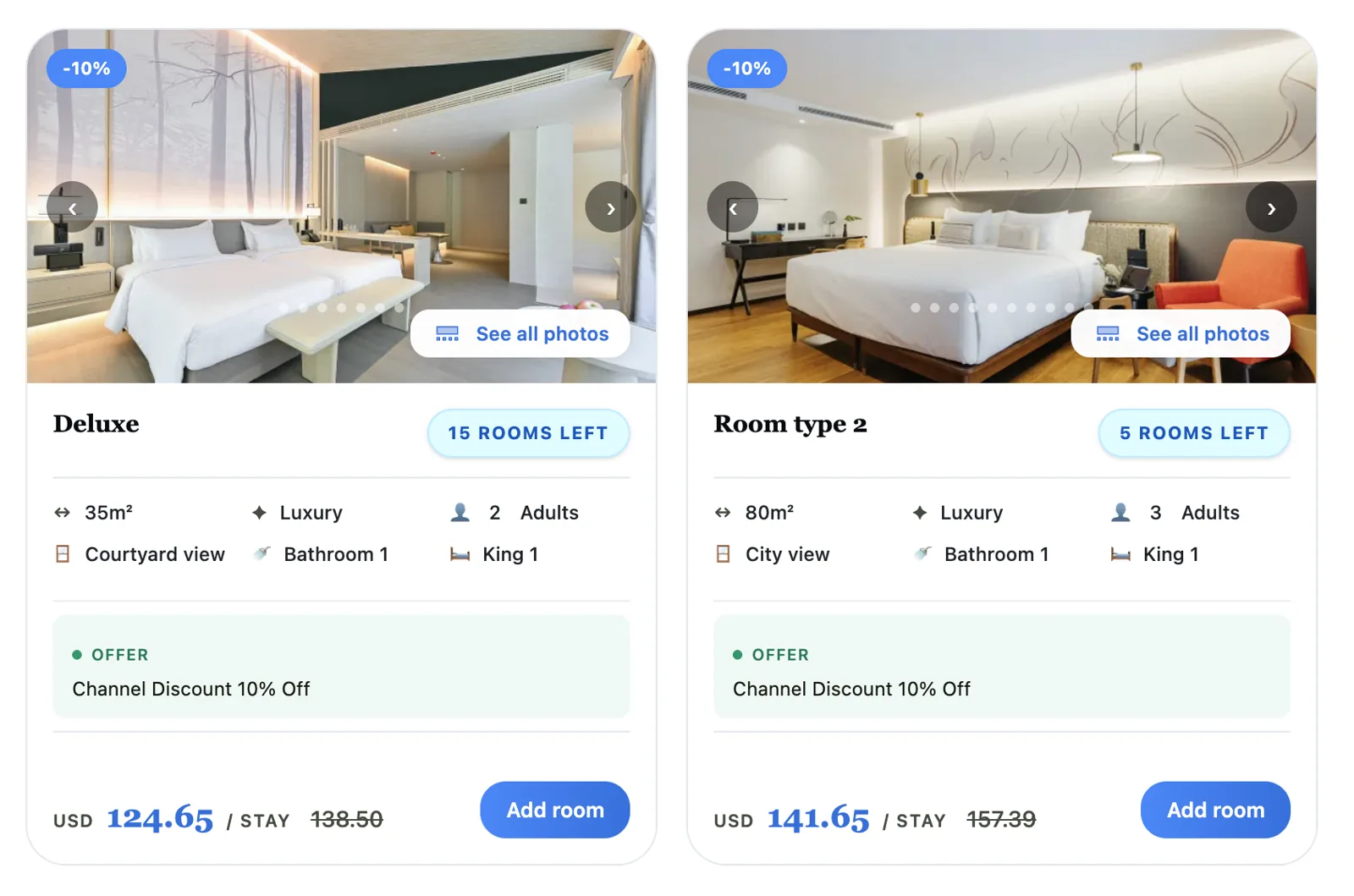 Bookable hotel rooms in Wink Booking Engine
