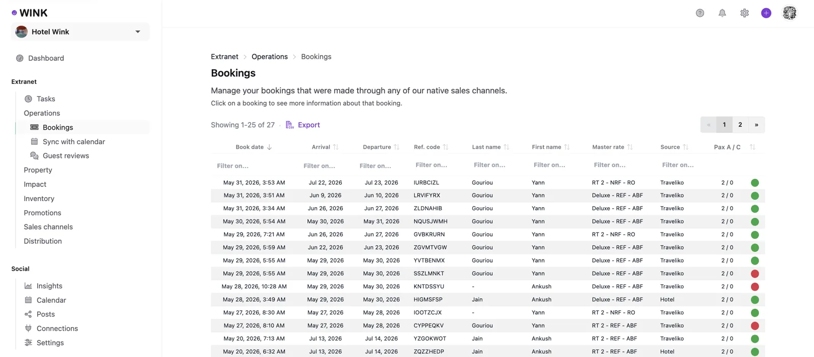 Extranet booking management screen