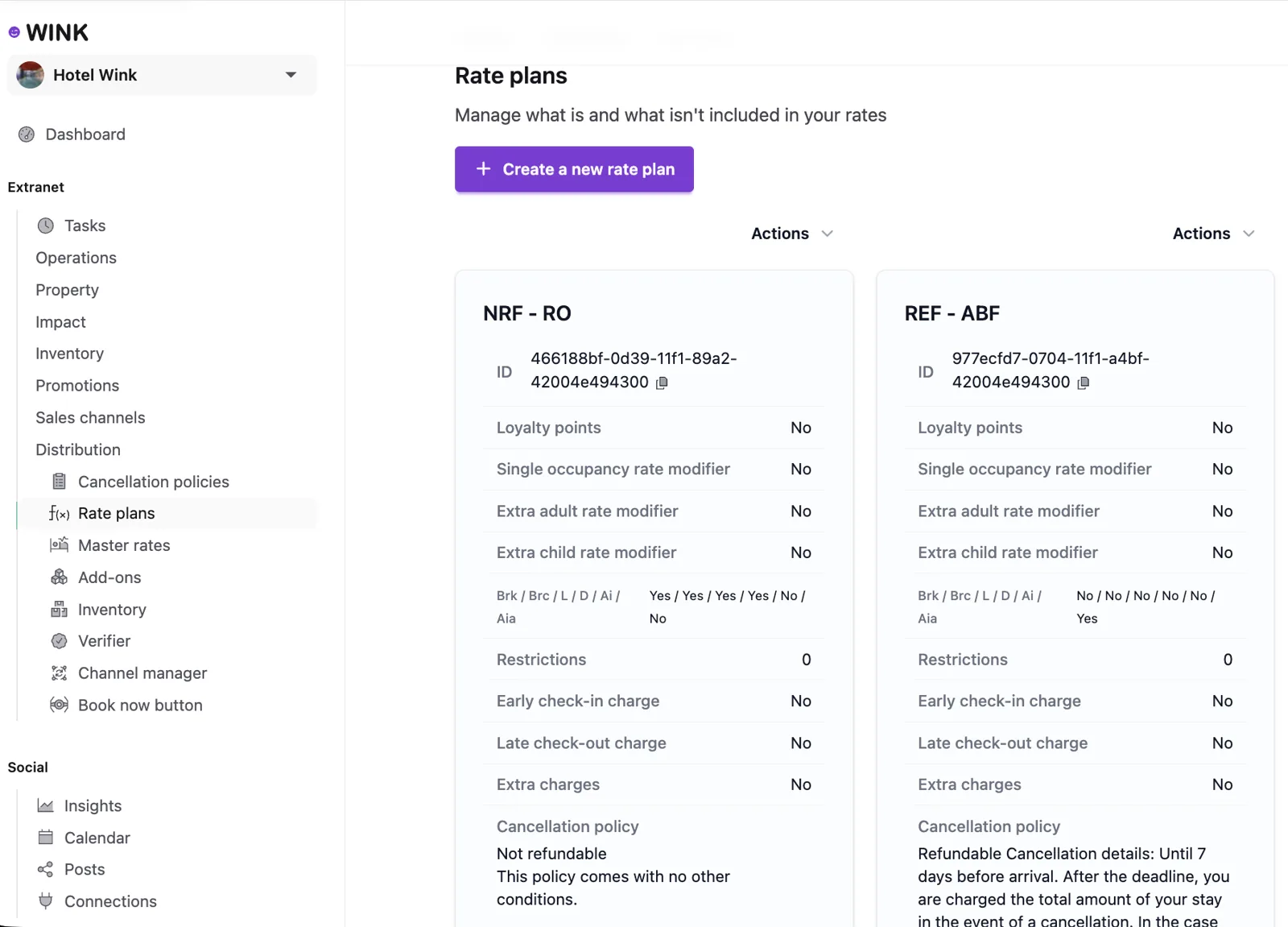 Extranet rate plan configuration screen