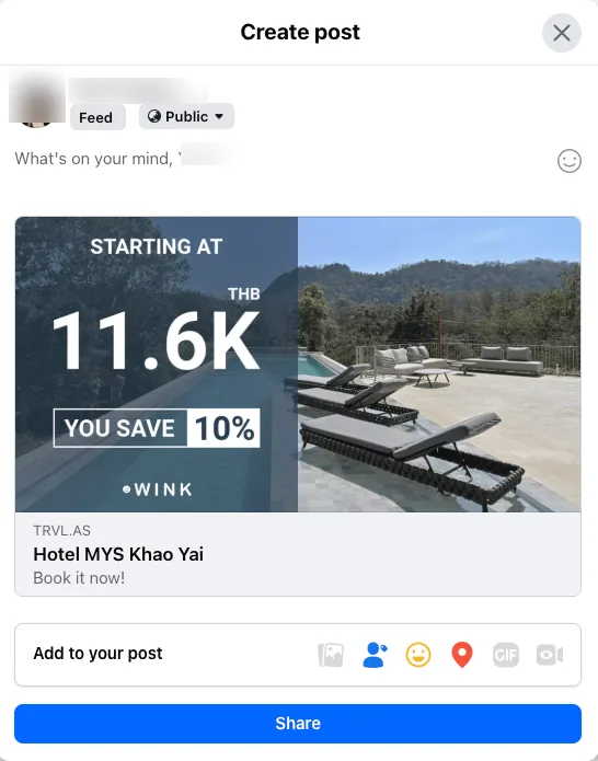 A published hotel Facebook post with a bookable link