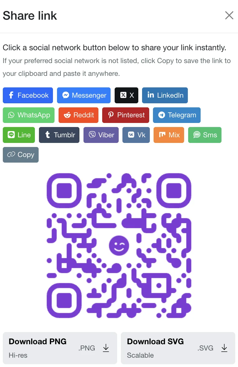 Wink Share link panel — share to any social network or download a QR code as PNG or SVG