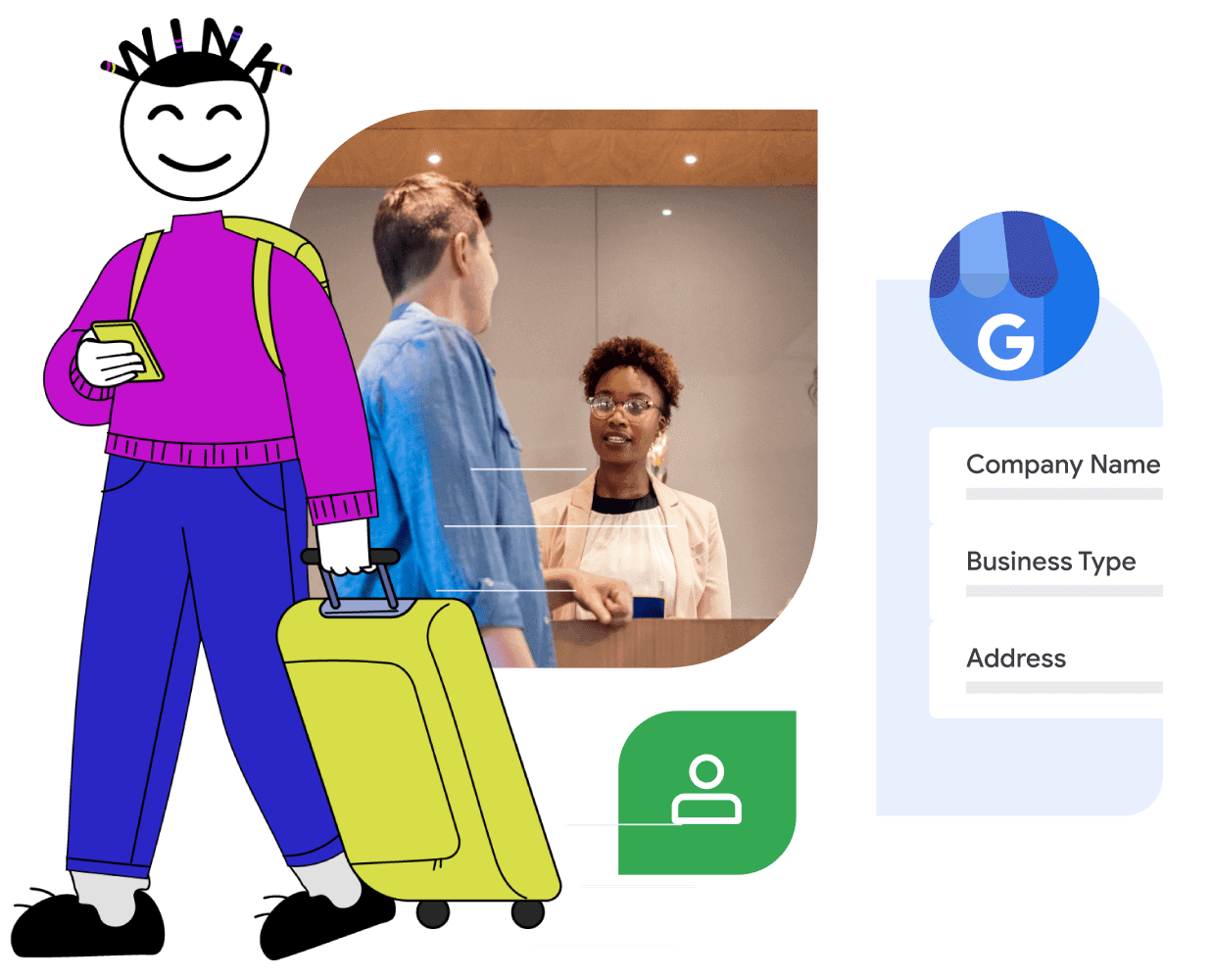 A cartoon traveler with a suitcase using a phone, a hotel reception scene, and a Google business listing template.