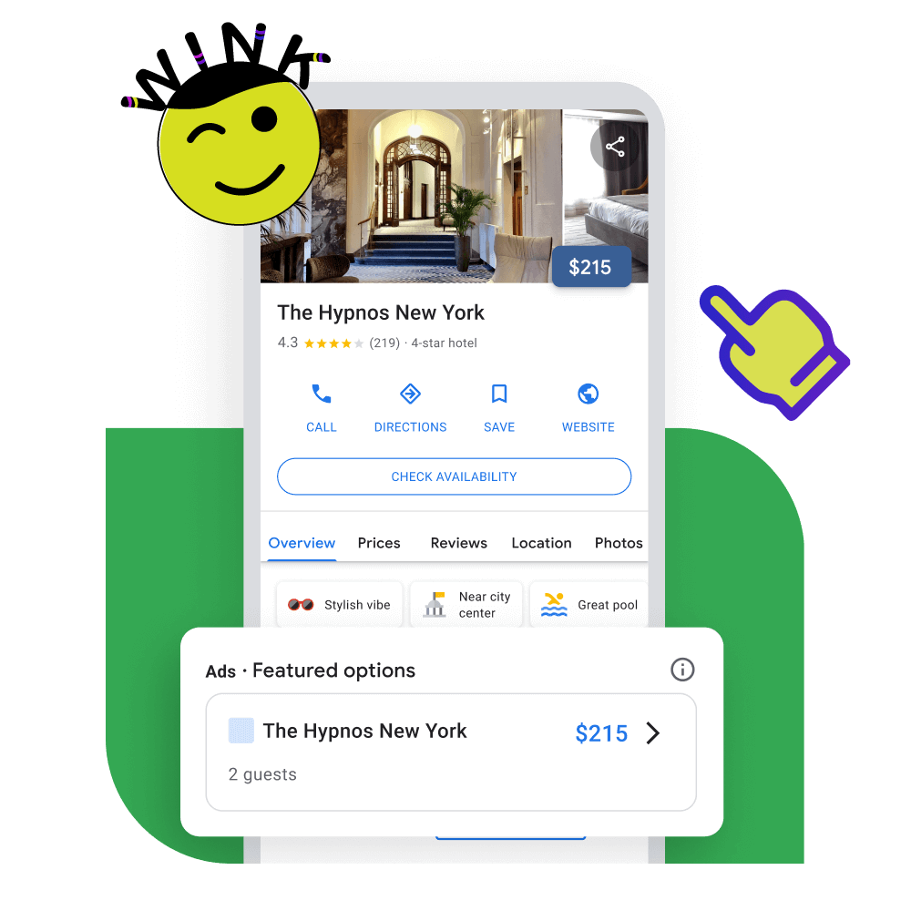 Google hotel search result for 'The Hypnos New York' showing a price of $215, with a wink emoji and a pointing hand icon.