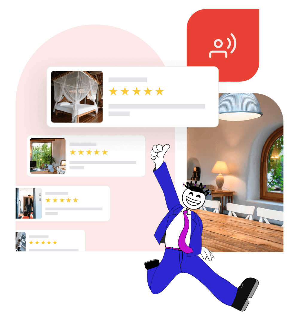 Hotel reviews with star ratings, a cozy interior image, a cartoon businessman jumping with excitement, and a red notification icon above.