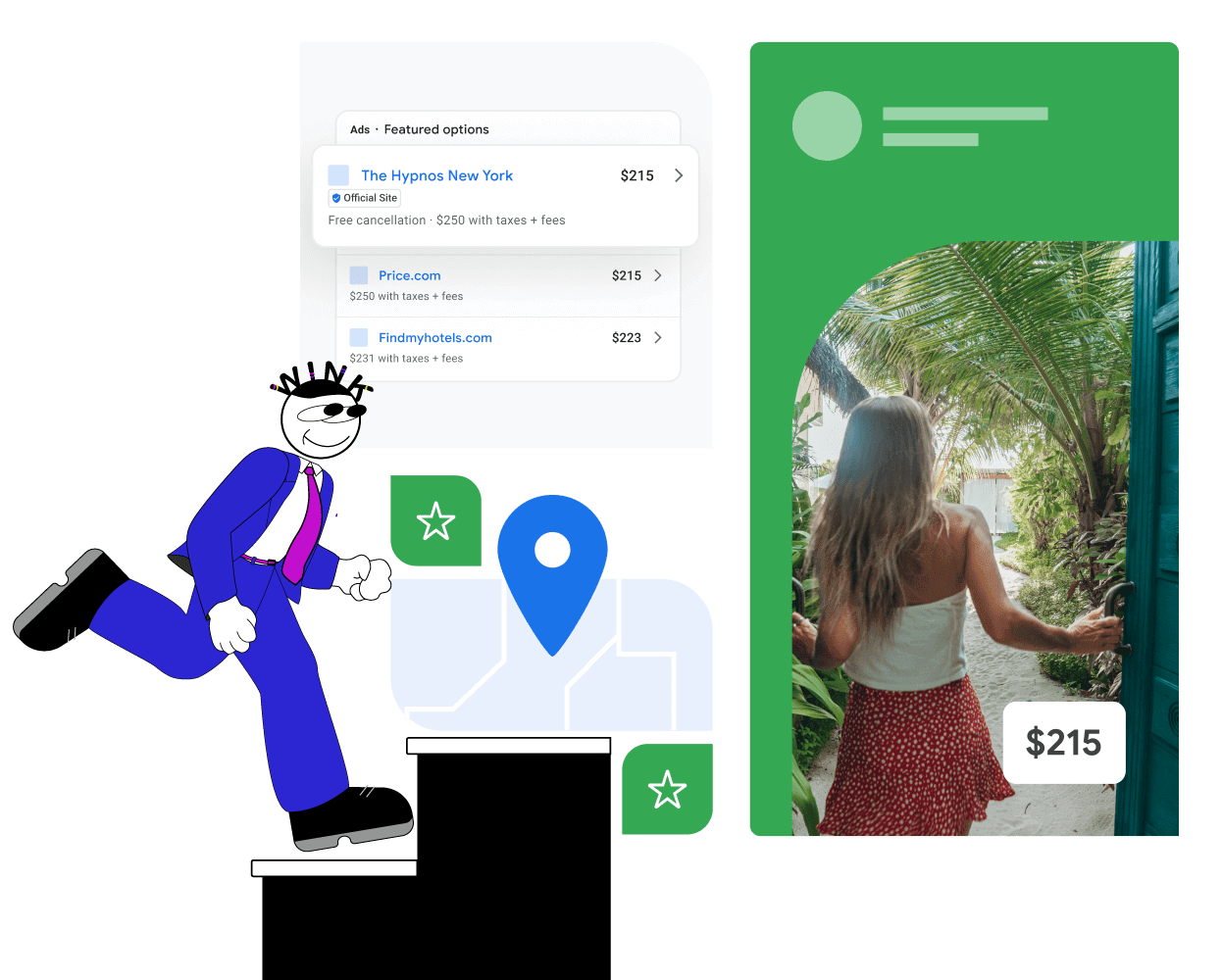 Collage-style graphic featuring a woman opening a door to a tropical destination, a hotel price listing, and a cartoon businessman climbing stairs with location and rating icons.