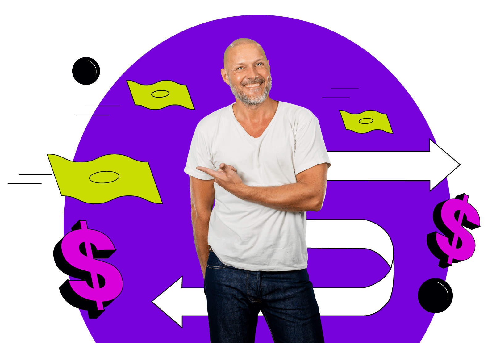 Smiling man in a white shirt pointing to the side, with floating money icons and arrows on a purple background
