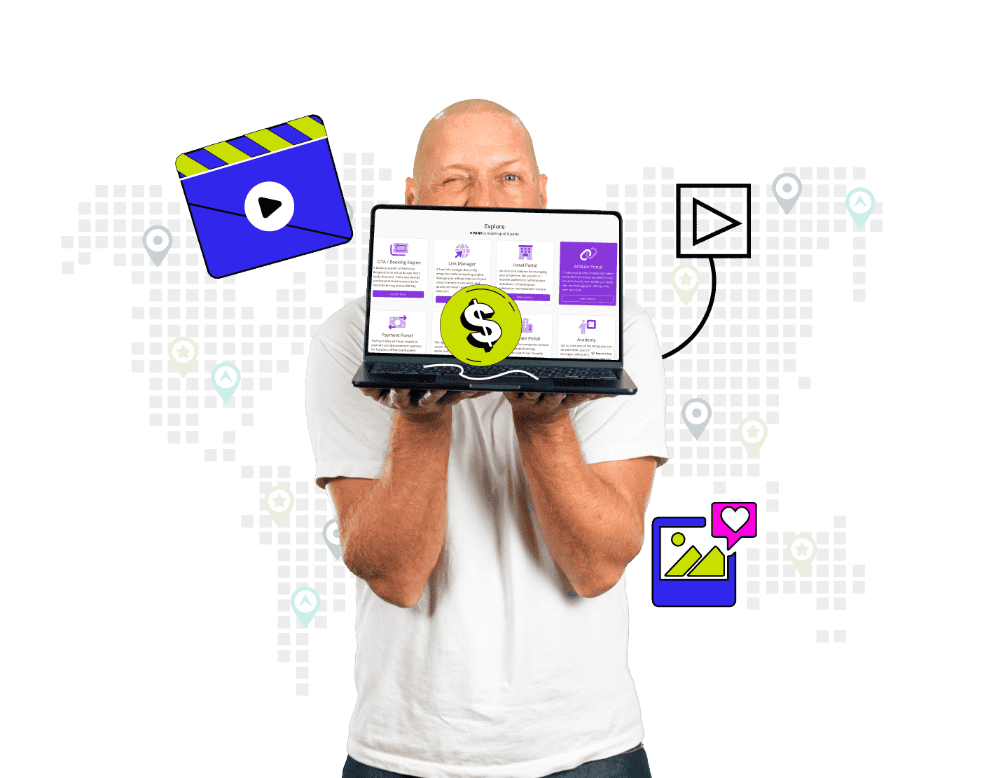 Man in white shirt holding a laptop with a dollar icon on screen, surrounded by video and media icons