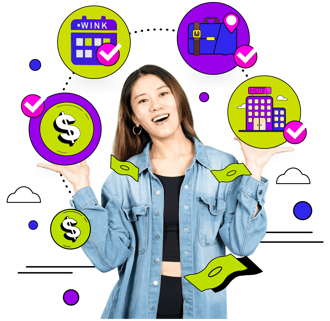 Smiling woman in denim jacket gesturing upward, with icons of money, hotel, and calendar in the background