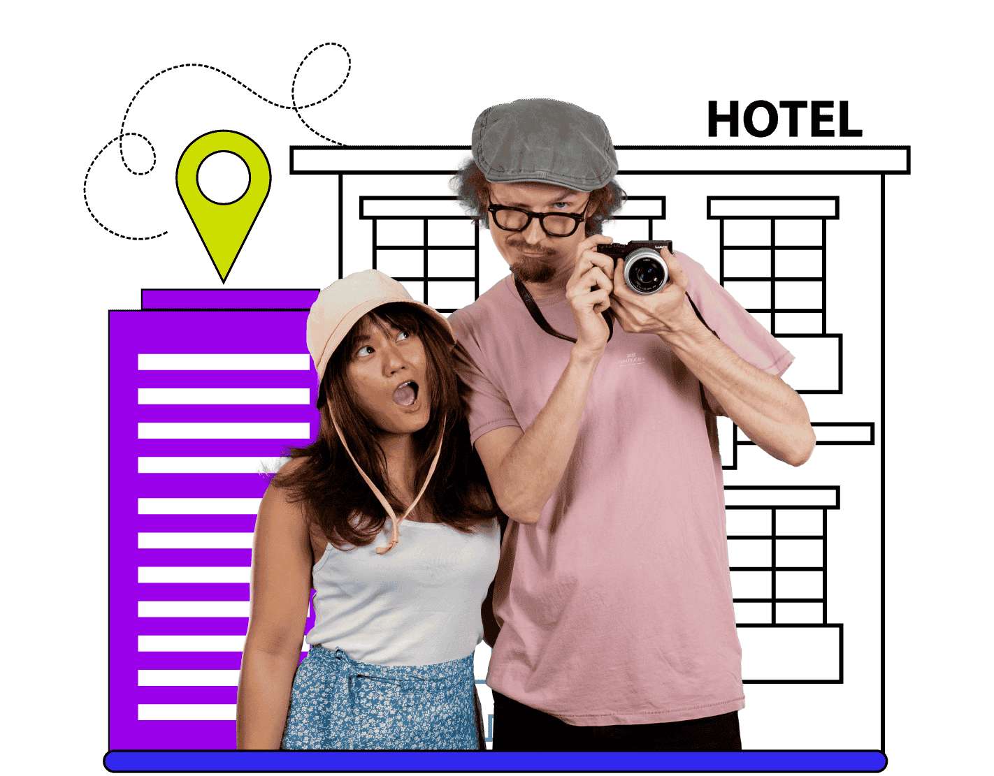 Man holding a camera beside a woman in front of a hotel graphic with a location pin above