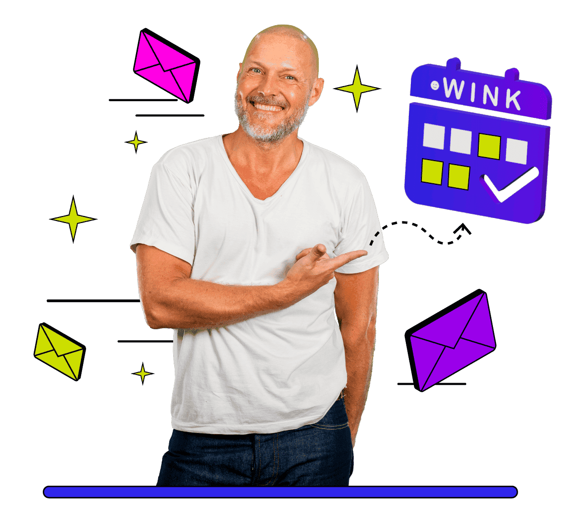 Smiling man pointing at a Wink calendar graphic, surrounded by email icons