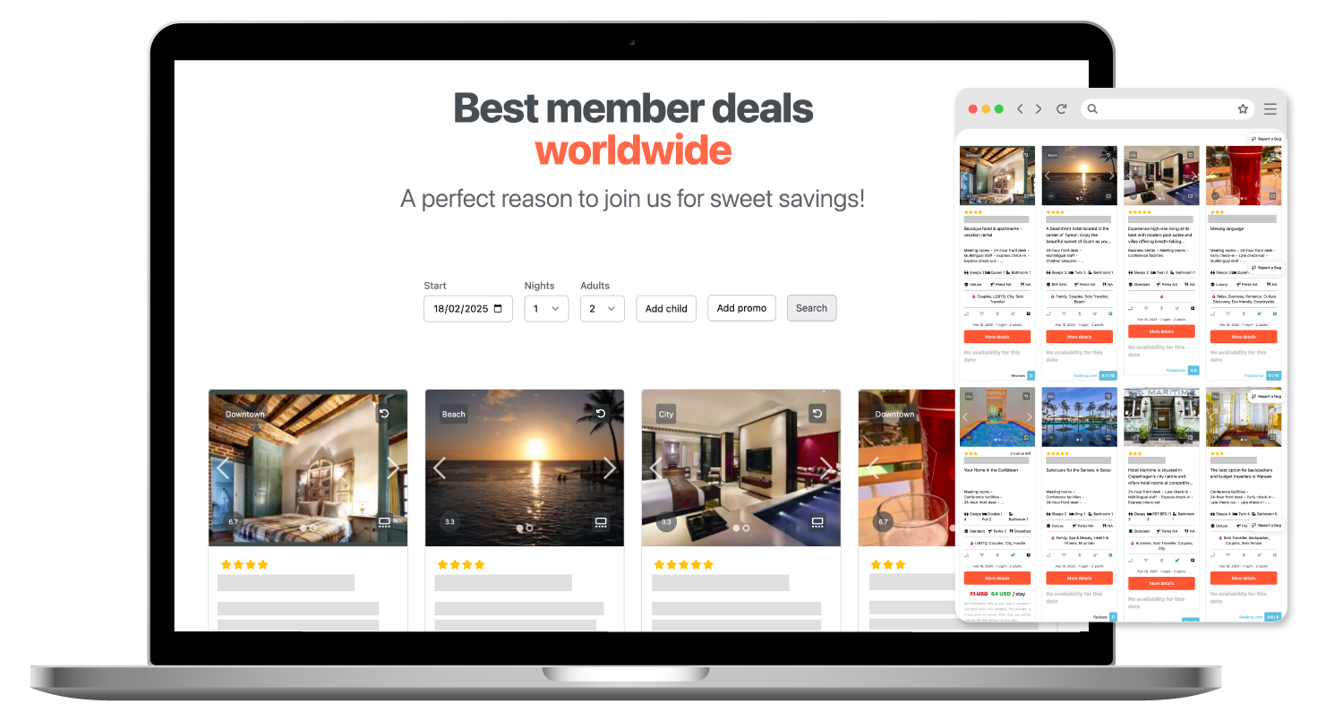 Website displaying "Best member deals worldwide" with hotel images and a zoomed-in view on a phone.