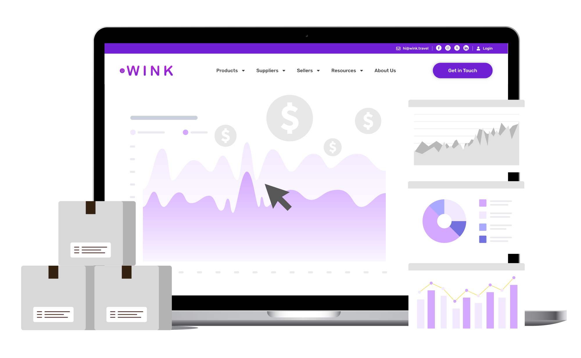 WINK platform website displaying financial data, charts, and product information represented by boxes.