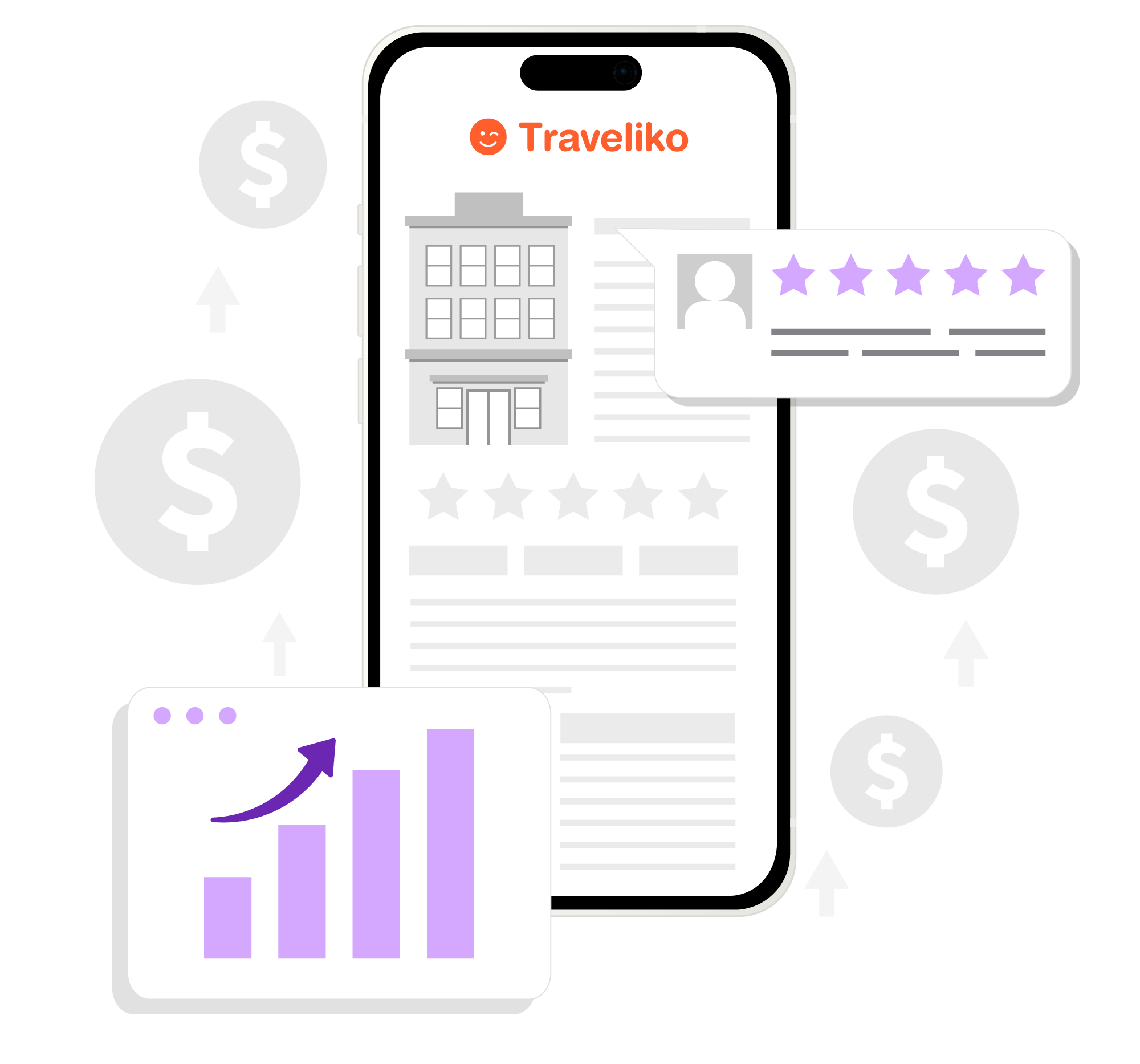 Travel app displaying hotel information, user reviews, and increasing revenue.